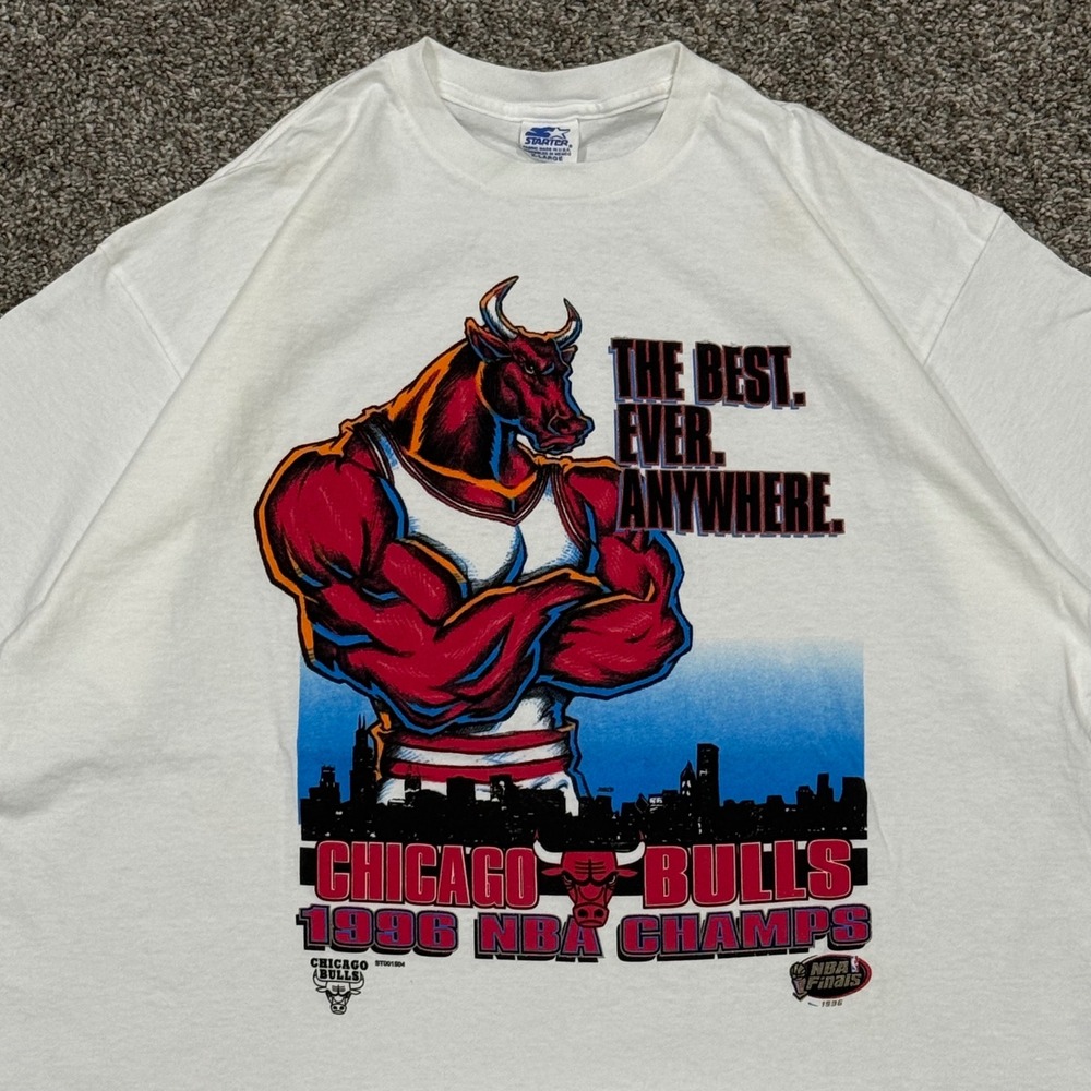 Vintage 90s Starter Chicago Bulls Mascot T-Shirt NBA Champs Mens XL 1996 Graphic - Picture 2 of 5